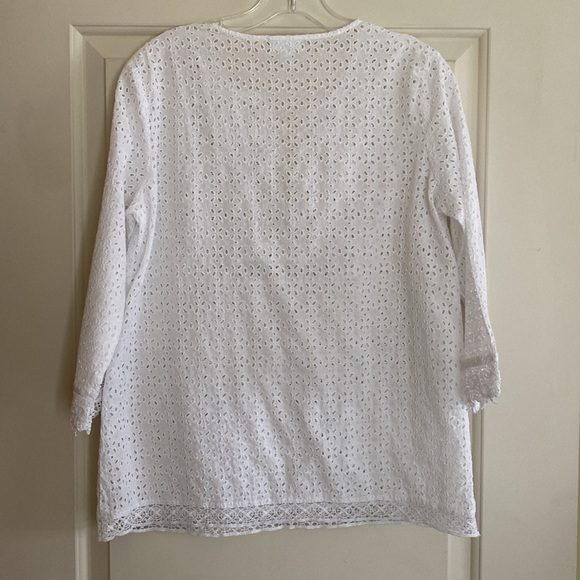 J. Jill White Eyelet Lace Split V-Neck 3/4 Sleeve popover Top Women's Size Small - Picture 7 of 8